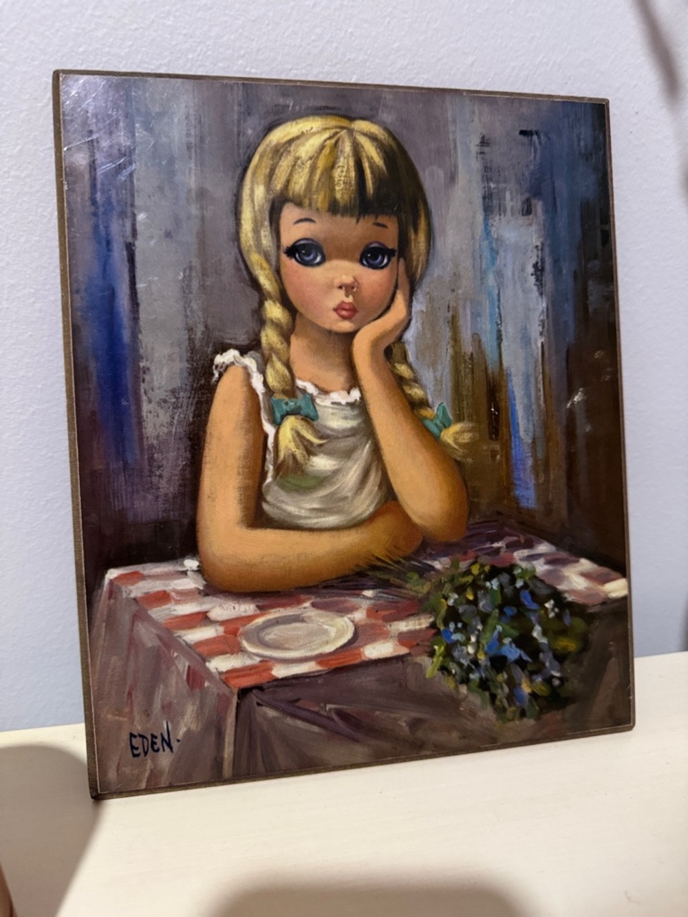 Vintage Lithograph on Board by Eden titled “Pensive. “Big Eye” 60’s style. - Picture 12 of 12